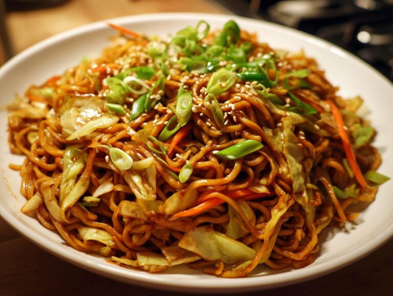 Close-up of a white plate piled high with savory fried noodles, cabbage, carrots, and green onions.