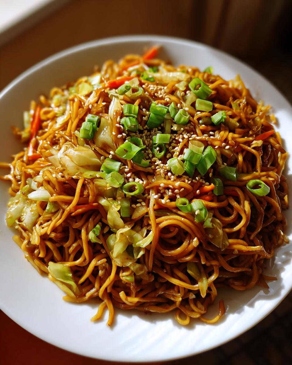A close-up overhead shot of savory fried noodles mixed with cabbage and carrots, topped with fresh green onions and sesame seeds.