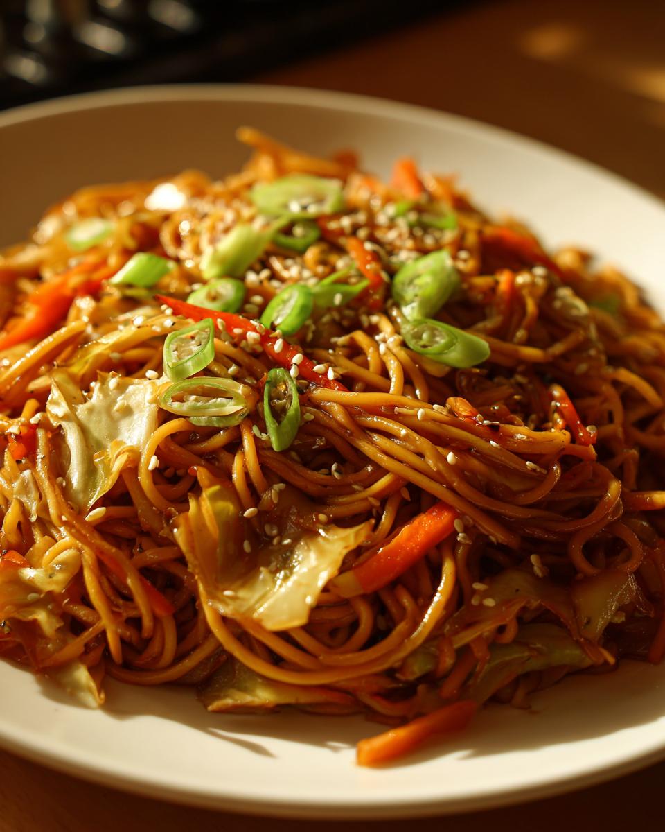 A close-up of savory fried noodles mixed with cabbage and carrots, garnished with green onions and sesame seeds.