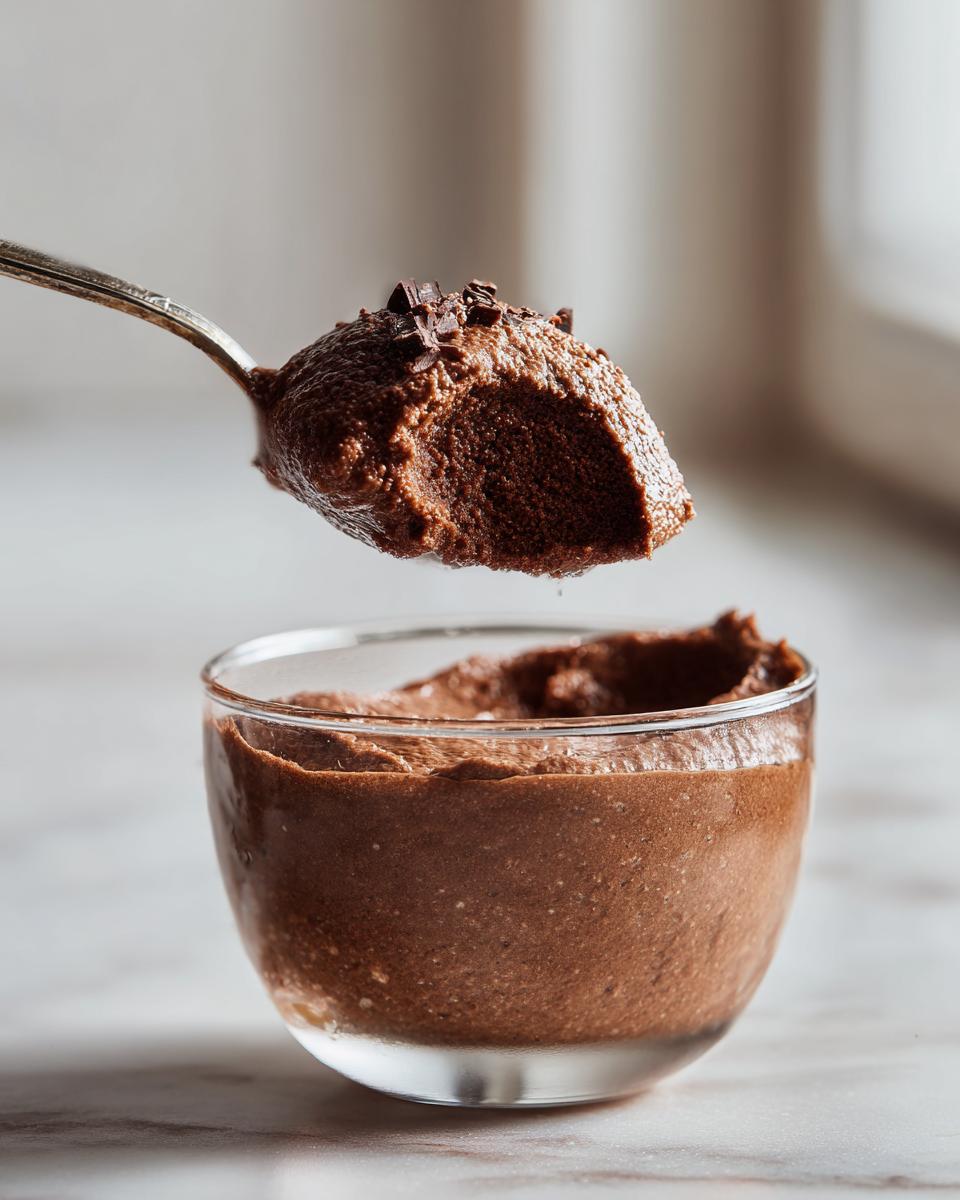 A spoonful of airy, dark chocolate mousse topped with shavings, lifted above a glass serving of chocolate mousse.