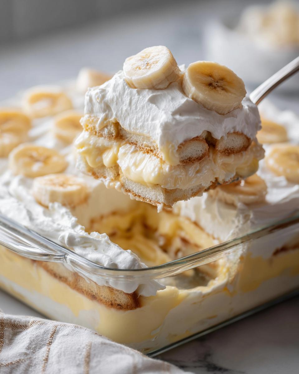 A spoonful of layered banana pudding being lifted from a glass dish, showing vanilla wafers, custard, and whipped cream.