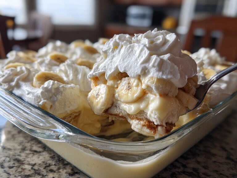 A spoonful of rich banana pudding layered with vanilla wafers, bananas, and topped with whipped cream.
