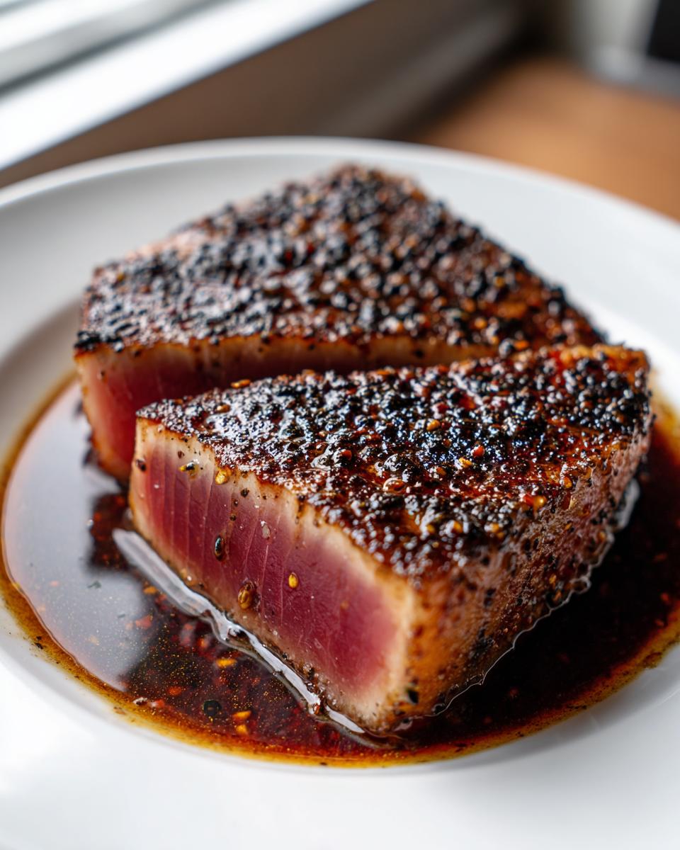 Close-up of a perfectly seared, pepper-crusted tuna steak, sliced in half, resting in a dark sauce.