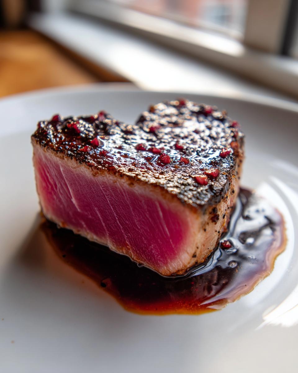 Close-up of a perfectly seared, rare tuna steak topped with pink peppercorns resting in dark sauce.