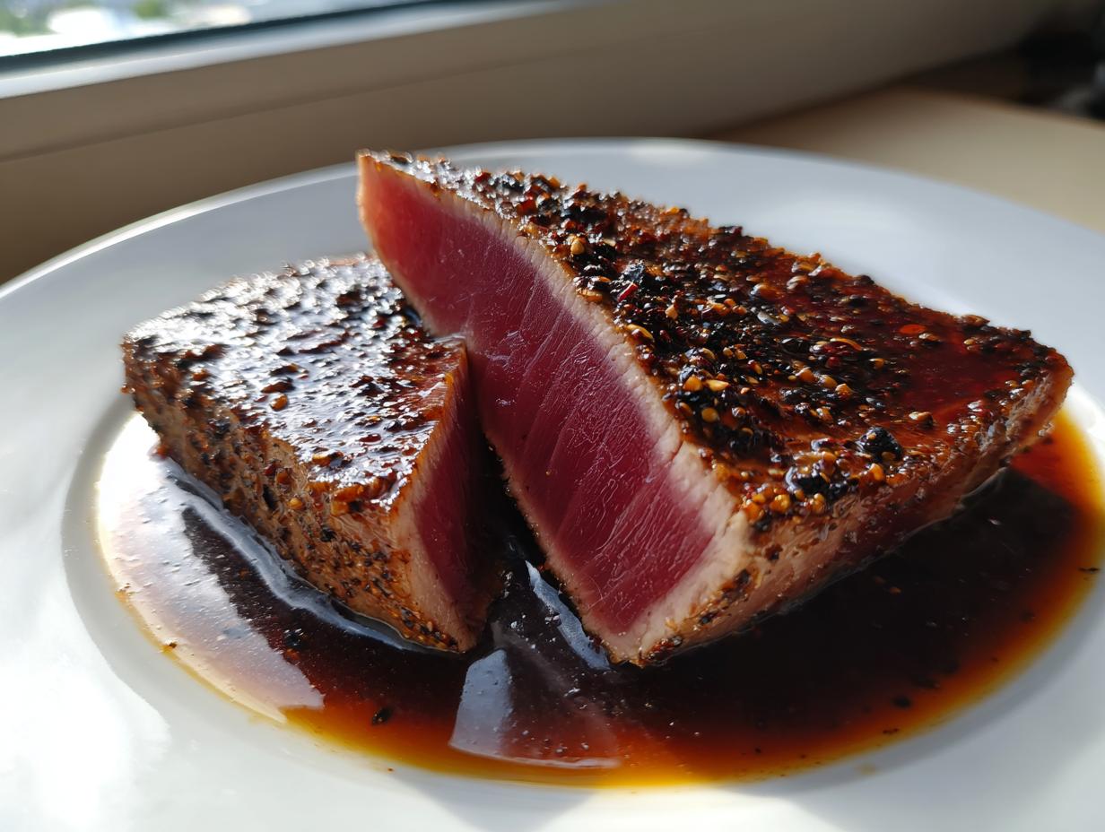 Two thick slices of seared tuna steak, rare in the center, resting in a dark glaze on a white plate.