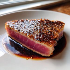 Close-up of a perfectly seared tuna steak, rare in the center, resting in a dark sauce.
