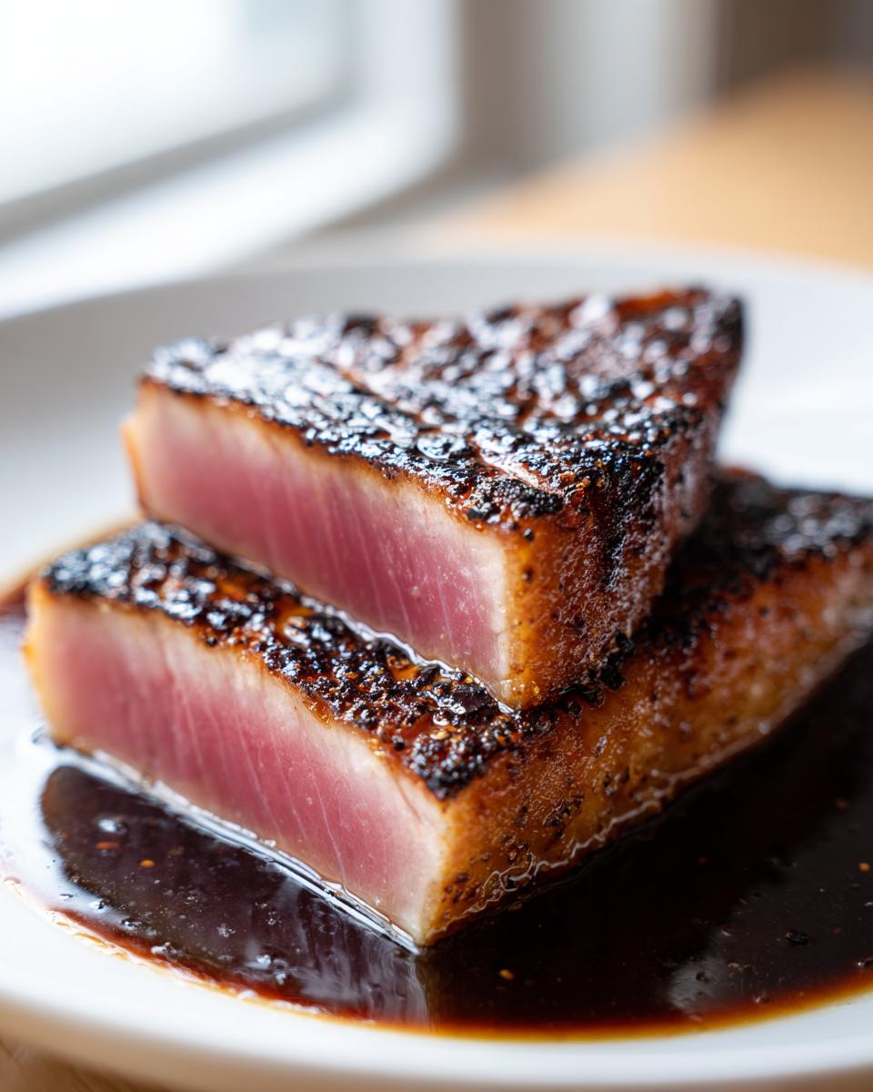 Two thick slices of perfectly seared tuna steak, showing a bright pink rare center and dark crust, resting in a pool of dark sauce.