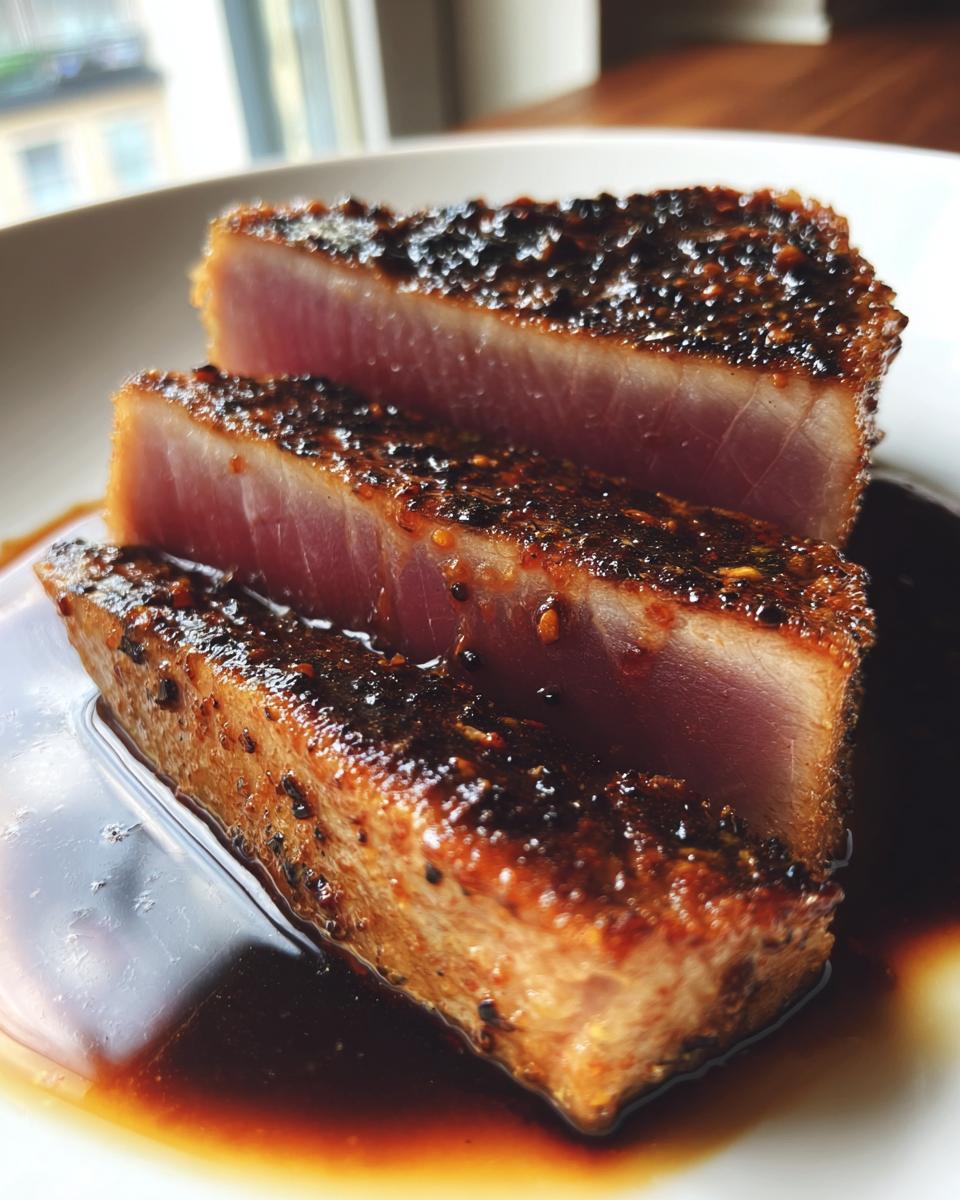 Three thick slices of perfectly seared tuna steak showing a rare, pink center and a dark, seasoned crust, resting in a rich sauce.