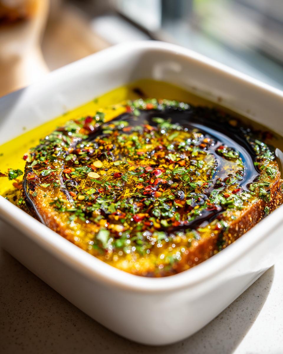 A piece of bread soaking in bright yellow olive oil, topped with herbs, spices, and balsamic vinegar for an olive oil bread dip.