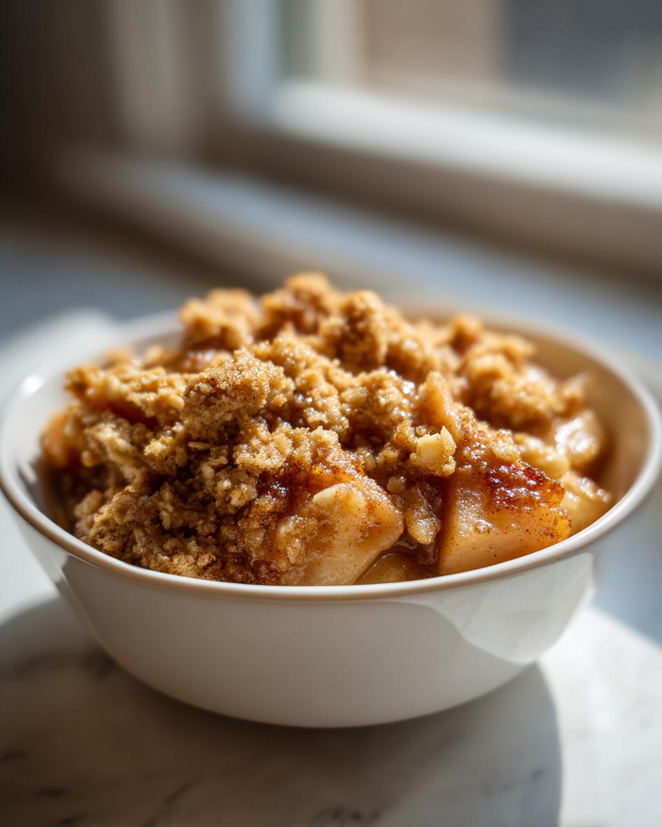 Close-up of a warm serving of apple crisp recipe with a thick, crumbly topping in a white bowl.