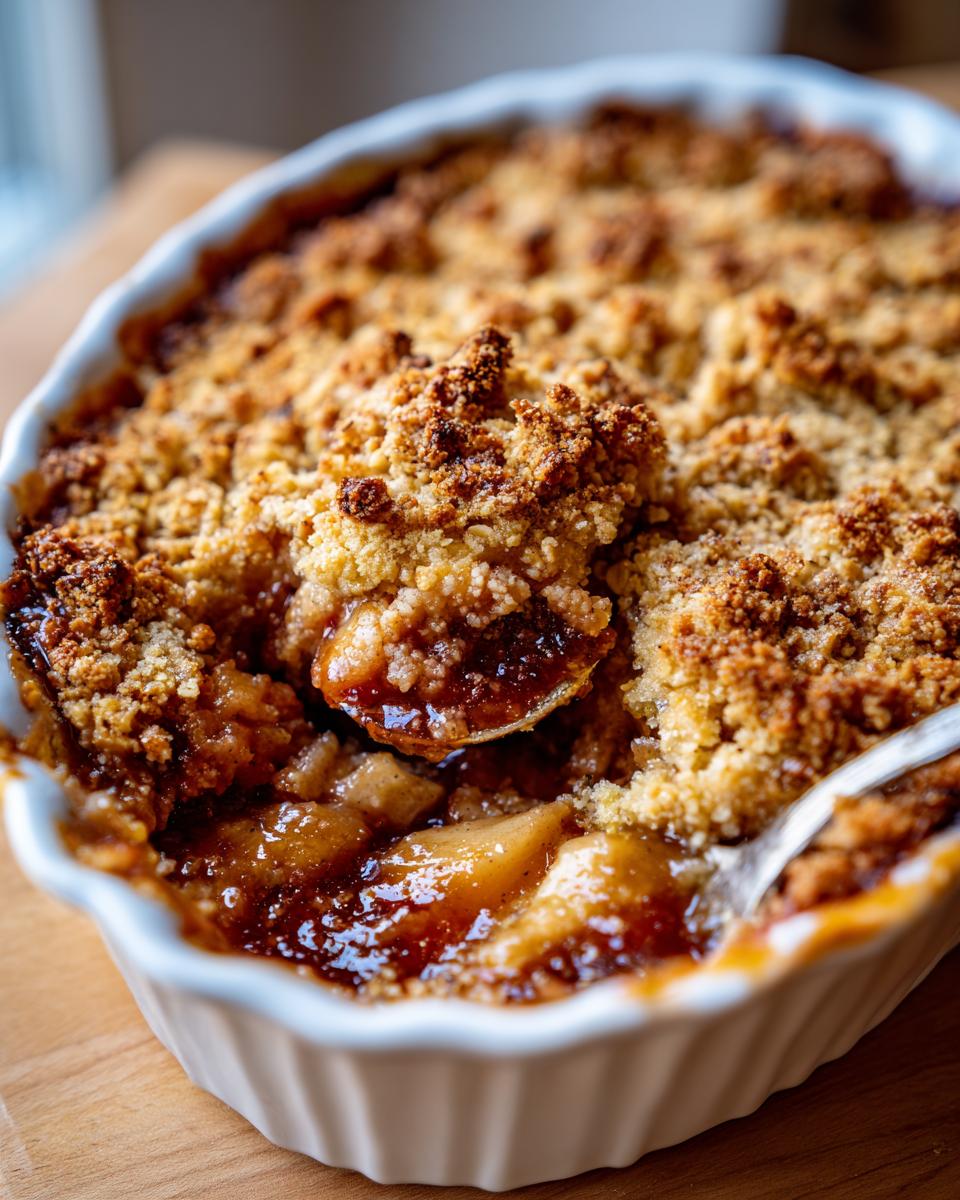 Close-up of a spoonful being taken from a bubbling, golden-brown rhubarb crisp in a white ramekin.