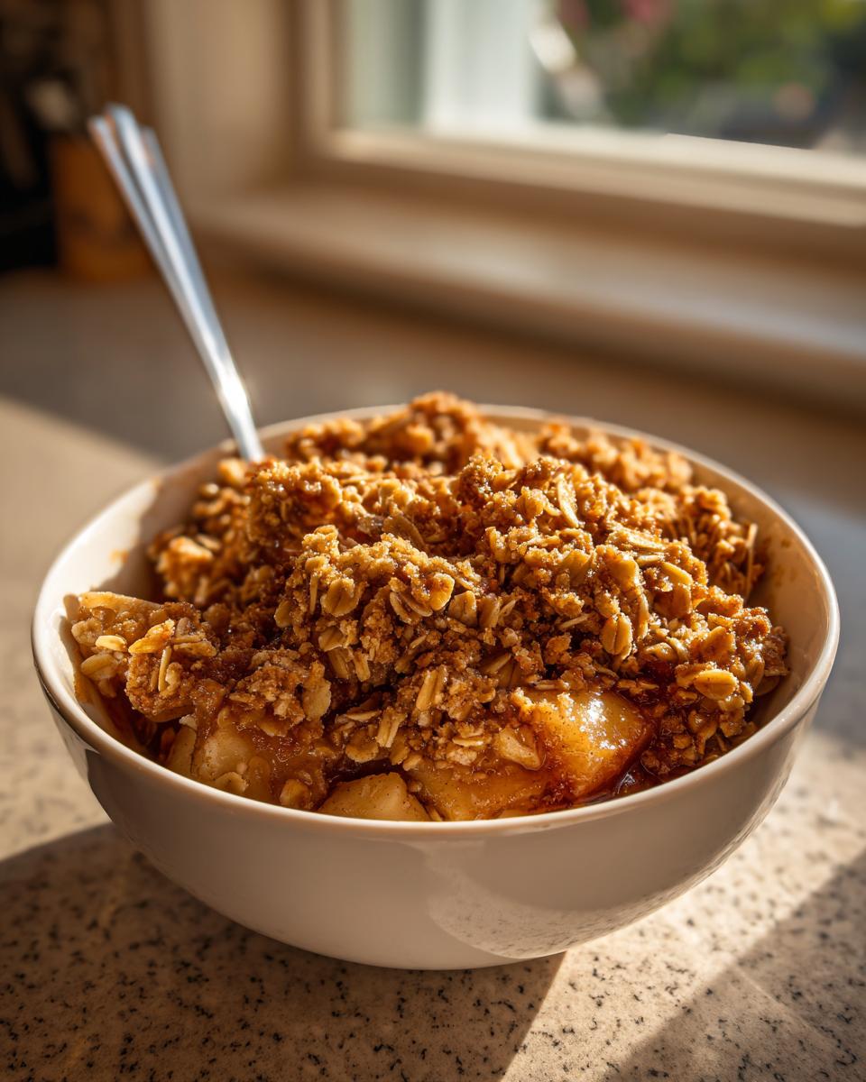 A bowl filled with the best apple crisp recipe, featuring warm, syrupy apples and a thick, crunchy oat topping, with a spoon resting inside.