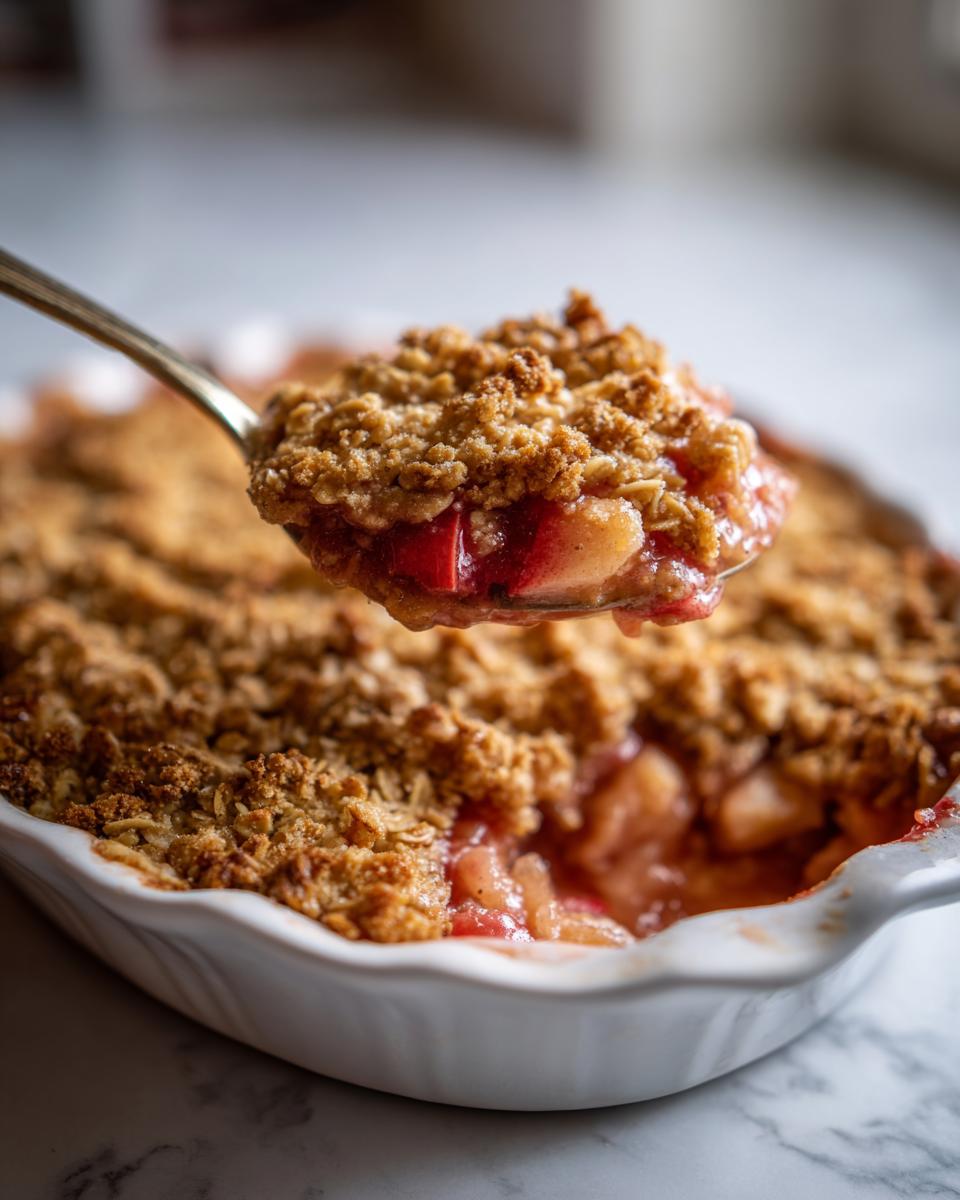 A golden spoonful of warm rhubarb crisp, showing the oat topping and pink rhubarb filling, lifted from a white baking dish.