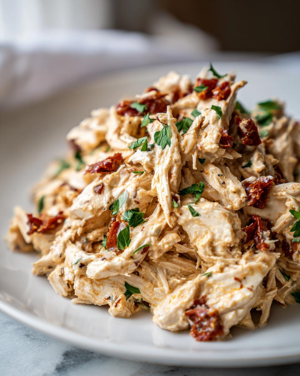 Close-up of shredded crockpot marry me chicken coated in a creamy sauce with visible sun-dried tomatoes and fresh parsley.
