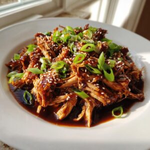 Close-up of shredded crockpot teriyaki chicken glazed in sauce, topped with green onions and sesame seeds.