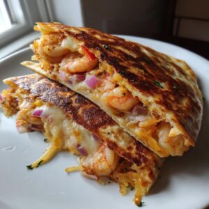 Close-up of a perfectly grilled shrimp quesadilla, cut in half, showing melted cheese, plump shrimp, and red onion filling.