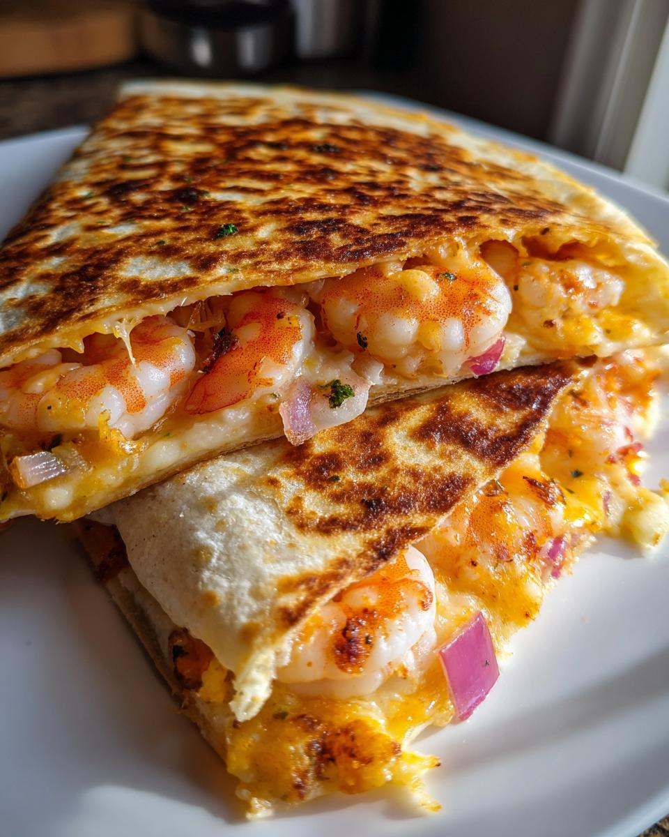 Close-up of a golden-brown shrimp quesadilla cut in half, showing juicy shrimp, melted cheese, and red onion filling.