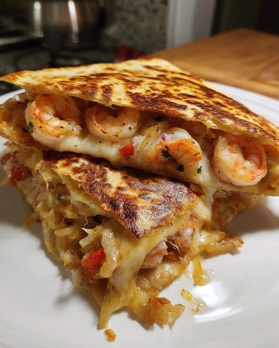 Close-up of a perfectly grilled shrimp quesadilla, showing melted cheese and plump shrimp spilling out.