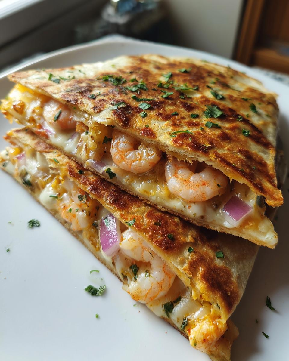 Two stacked slices of golden brown shrimp quesadilla oozing with melted cheese, shrimp, and red onion, garnished with parsley.