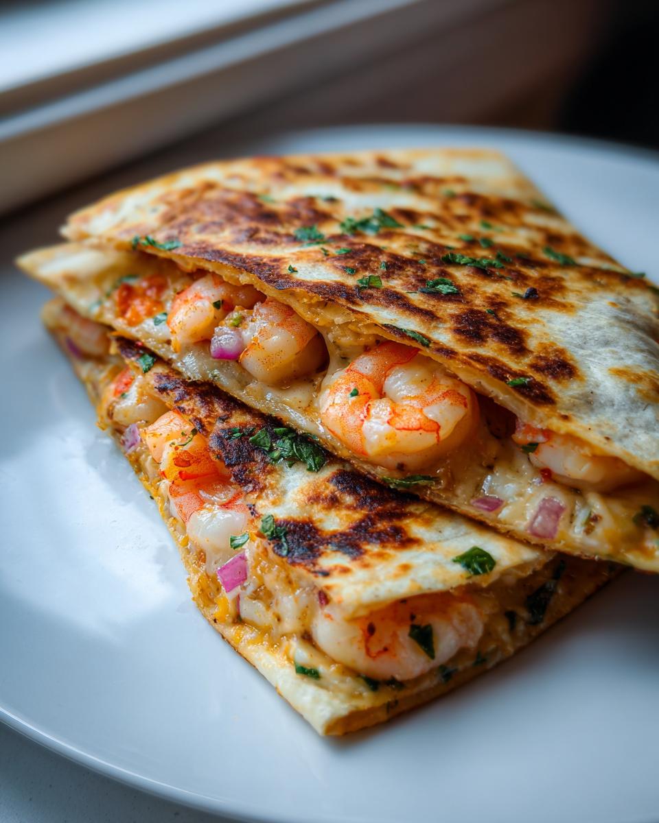Close-up of a stack of golden-brown shrimp quesadilla wedges filled with plump shrimp and melted cheese.