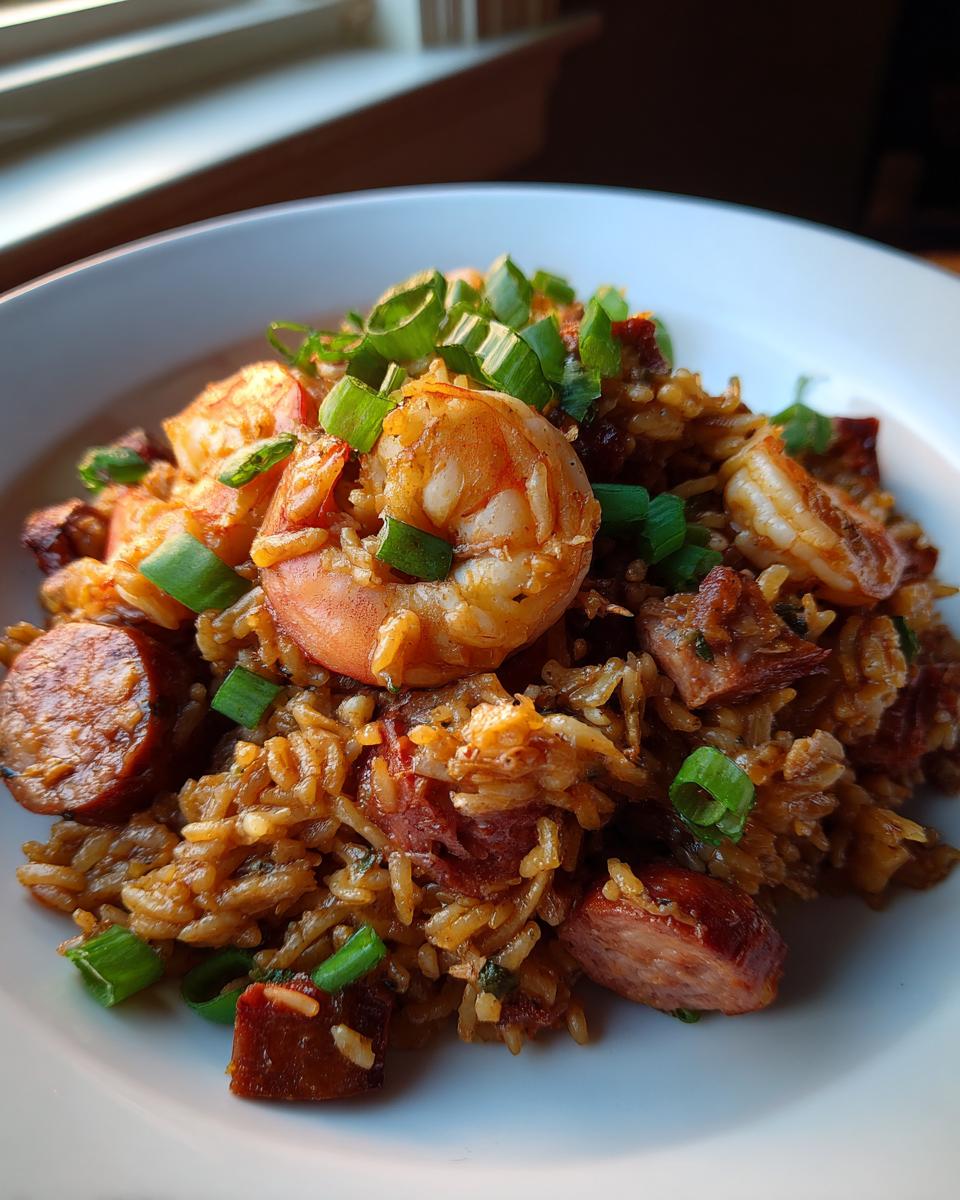 A close-up of a white bowl filled with savory shrimp and sausage jambalaya, garnished with fresh green onions.