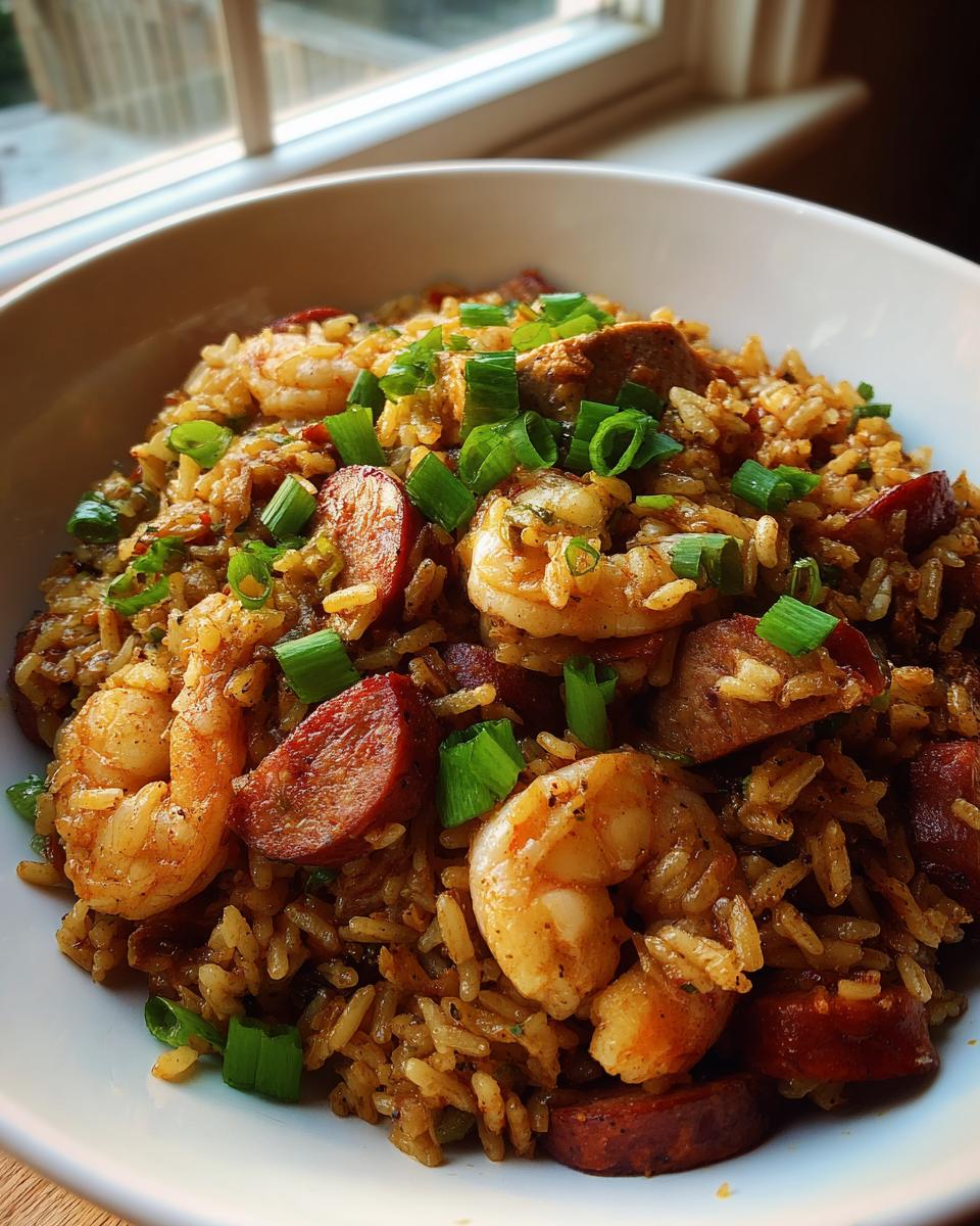 A close-up of a white bowl filled with flavorful shrimp and sausage jambalaya, garnished with chopped green onions.