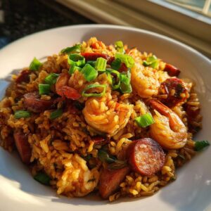A close-up, appetizing bowl of shrimp and sausage jambalaya topped with fresh green onions.