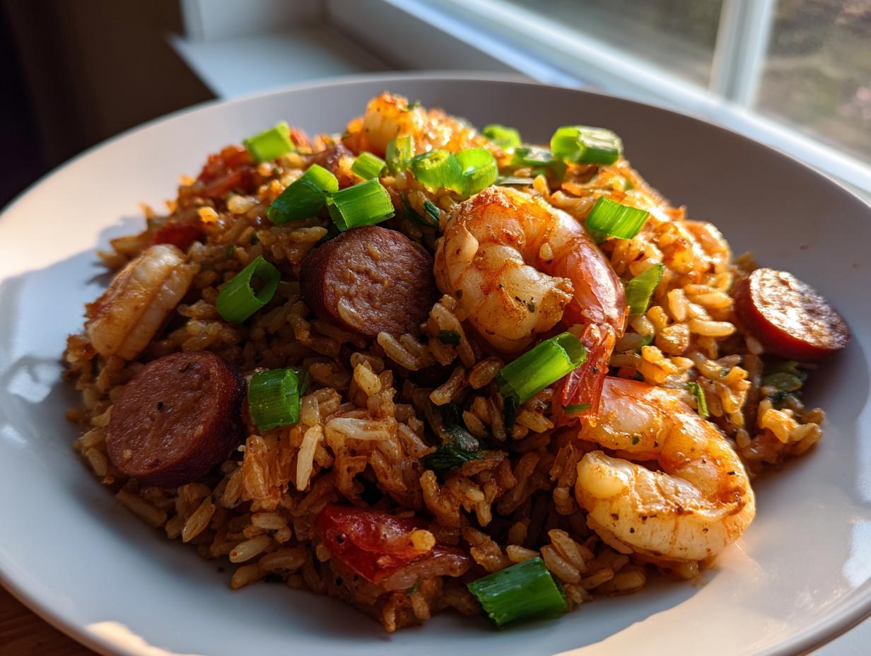 Close-up of a hearty serving of shrimp and sausage jambalaya garnished with green onions on a white plate.