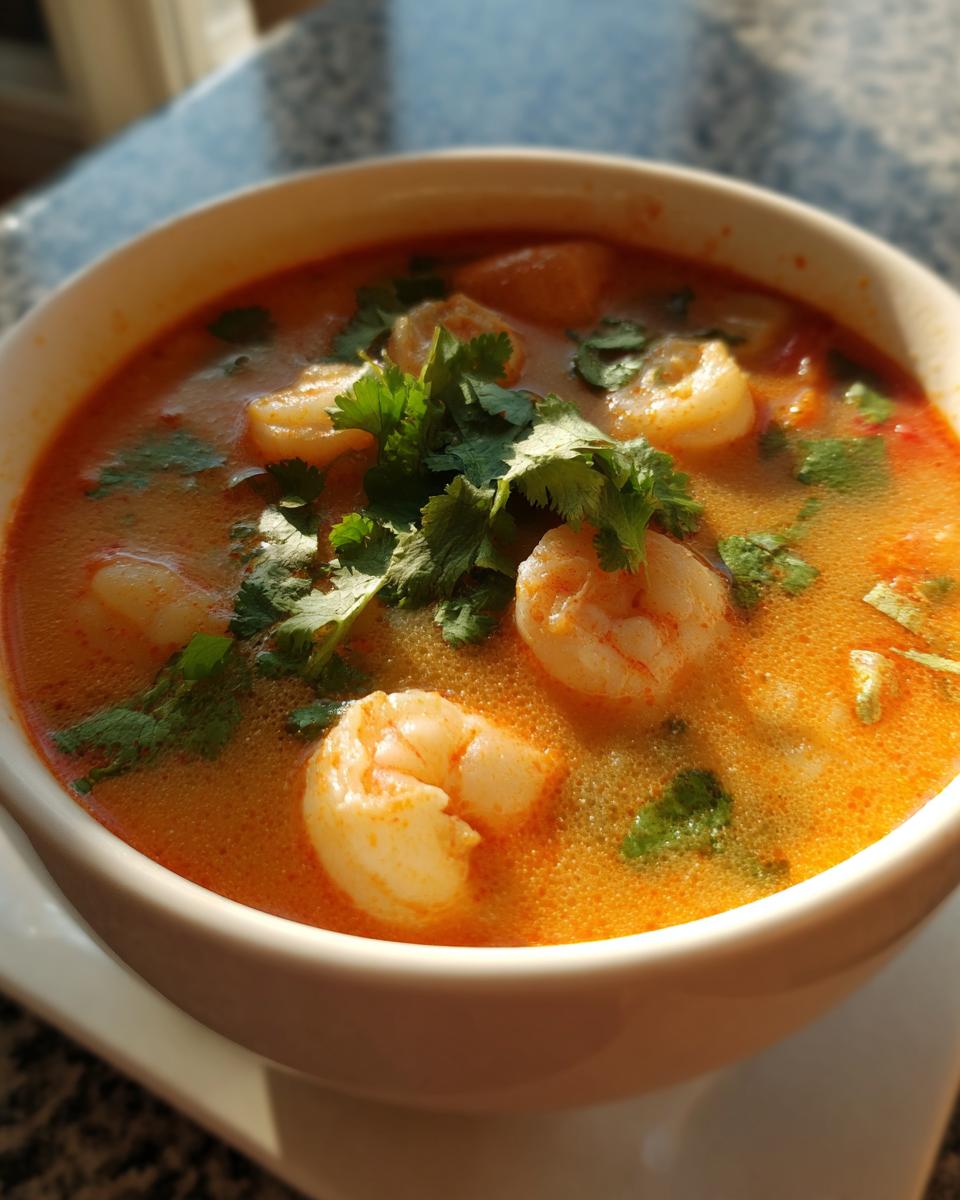 Close-up of a steaming white bowl filled with orange-hued tom yum soup featuring large shrimp and fresh cilantro.