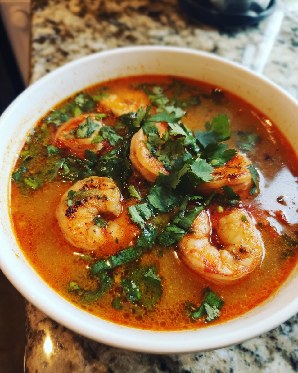 Close-up of a white bowl filled with spicy, orange-red tom yum soup topped with grilled shrimp and fresh cilantro.