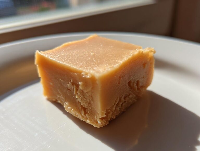 A close-up of a single, square piece of creamy peanut butter fudge resting on a white plate.