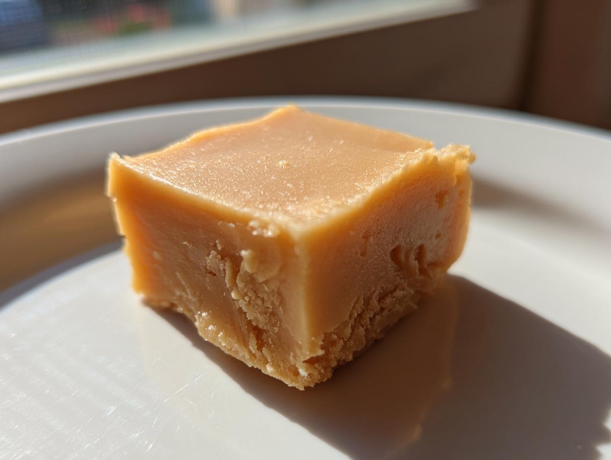 A close-up of a single, square piece of creamy peanut butter fudge resting on a white plate.