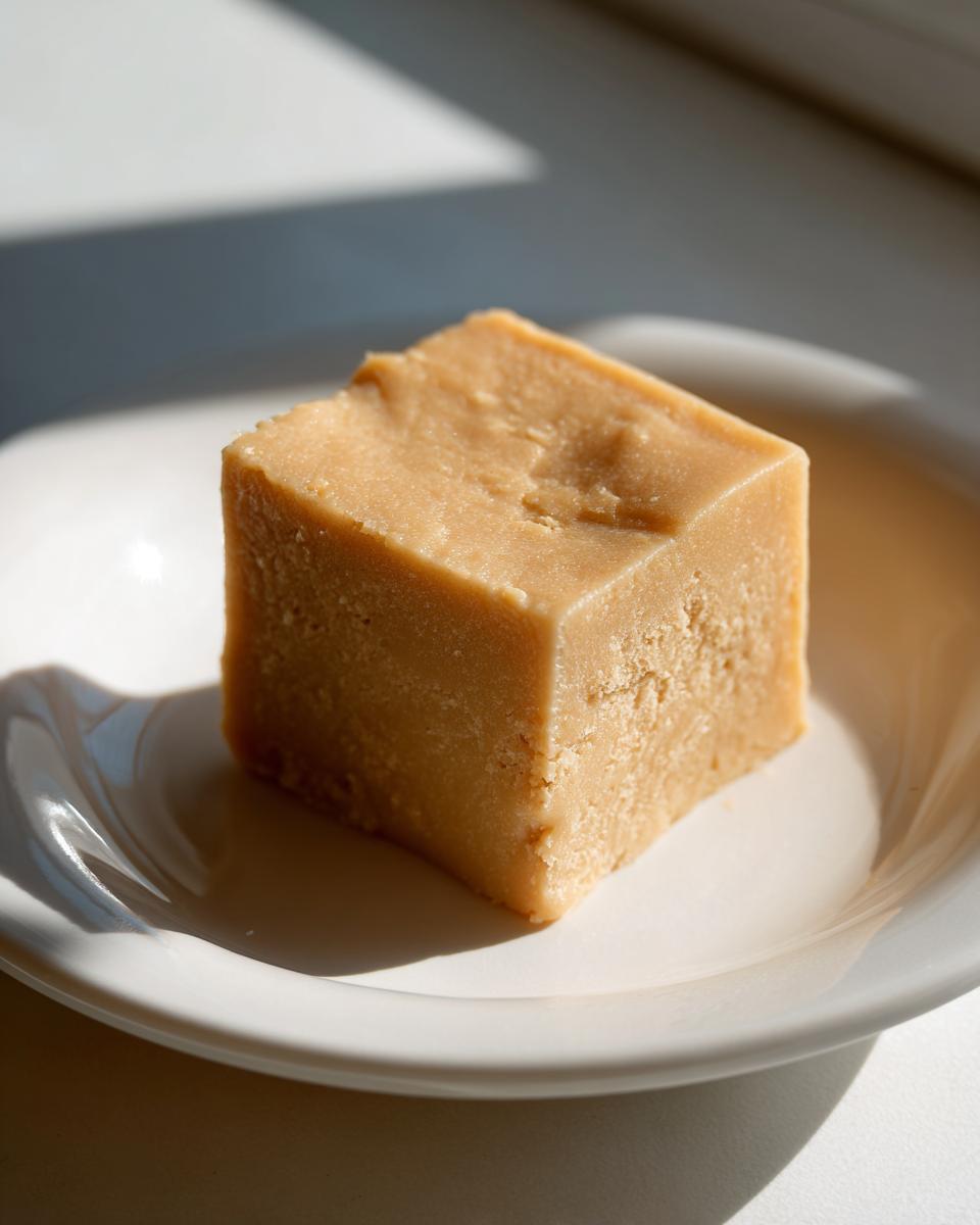 A single, thick square of smooth, light brown peanut butter fudge sitting on a small white dish.