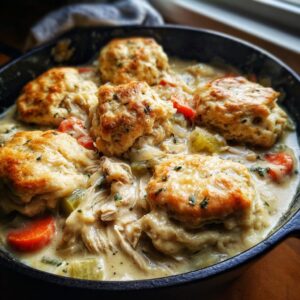 Close-up of creamy chicken and dumplings with biscuits in a cast iron skillet.