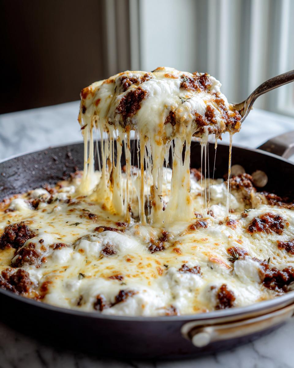 A spoonful of skillet lasagna is lifted, showing long, dramatic cheese pulls over the bubbling meat and ricotta topping.
