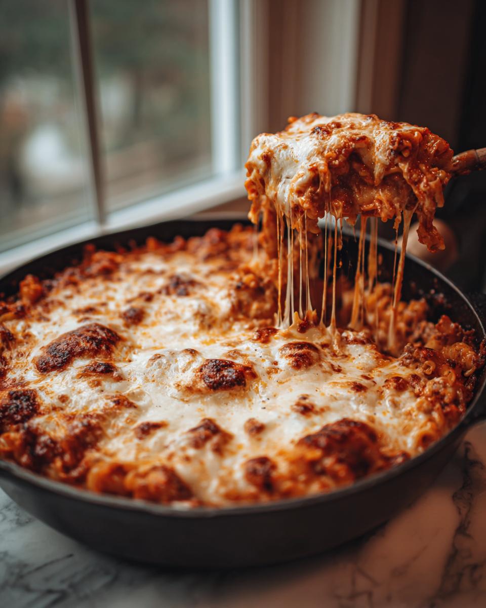A serving of cheesy skillet lasagna being lifted from a cast iron pan, showing long, gooey cheese pulls.