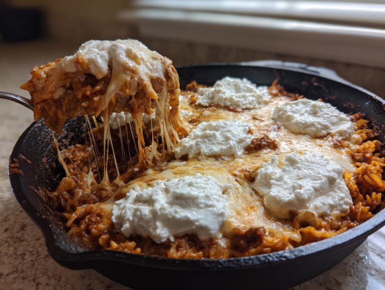 A serving spoon pulls a cheesy, stringy portion from a bubbling skillet lasagna topped with ricotta dollops.