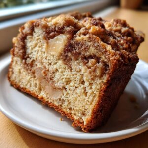 A close-up of a moist slice of apple bread featuring visible chunks of apple and a rich cinnamon swirl crumb topping.