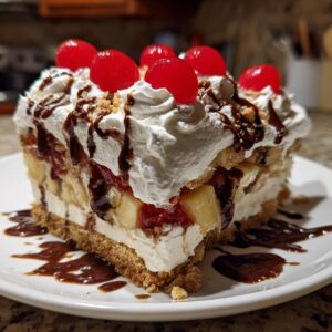 A decadent slice of banana split cake featuring layers of cream, fruit, and a graham cracker crust, topped with whipped cream and maraschino cherries.