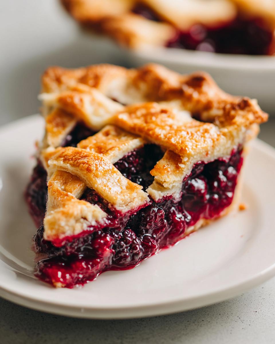 Close-up of a perfect slice of blackberry pie showing juicy filling and golden lattice crust.