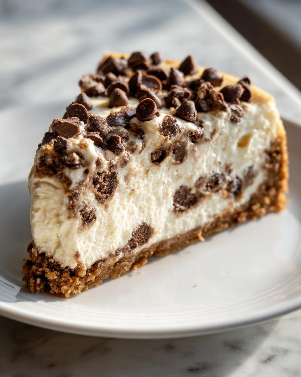 A close-up view of a creamy slice of chocolate chip cheesecake topped with mini chocolate chips.