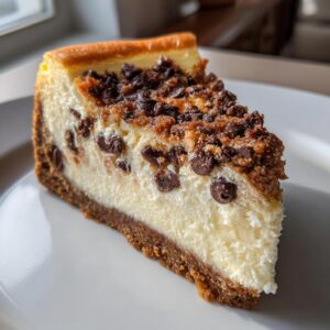 A close-up slice of creamy chocolate chip cheesecake with a graham cracker crust.