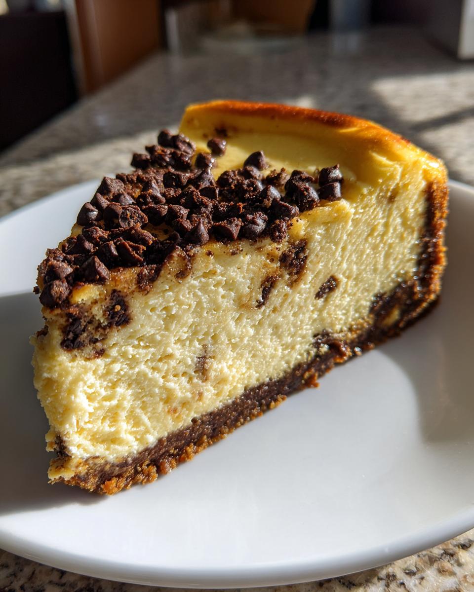 A close-up of a rich slice of chocolate chip cheesecake with a dark crust, topped with mini chocolate chips.