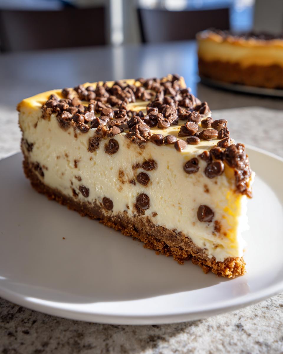 A close-up slice of creamy chocolate chip cheesecake on a white plate, topped with mini chocolate chips.