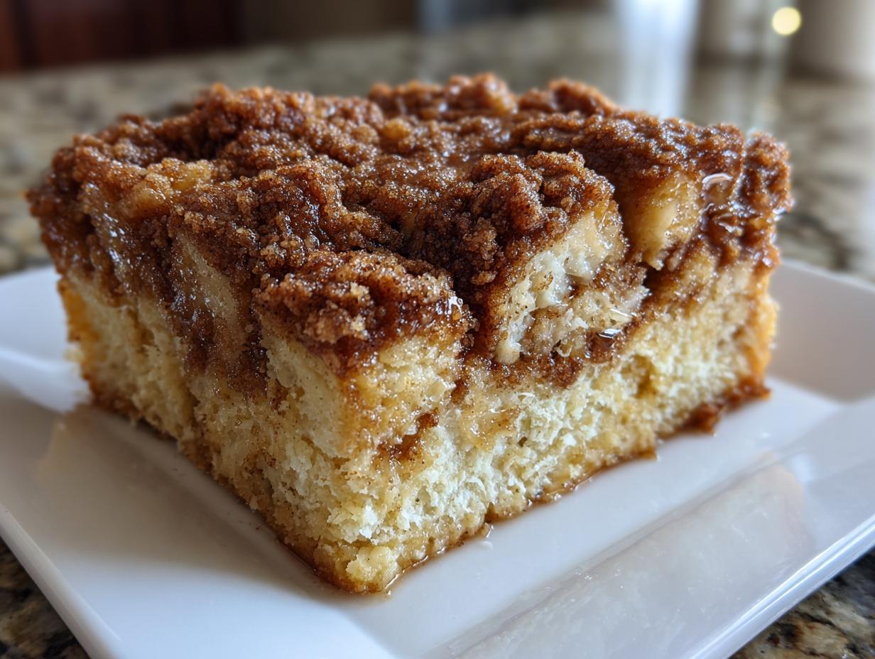 Close-up of a square slice of french toast casserole with a thick, moist cinnamon streusel topping on a white plate.