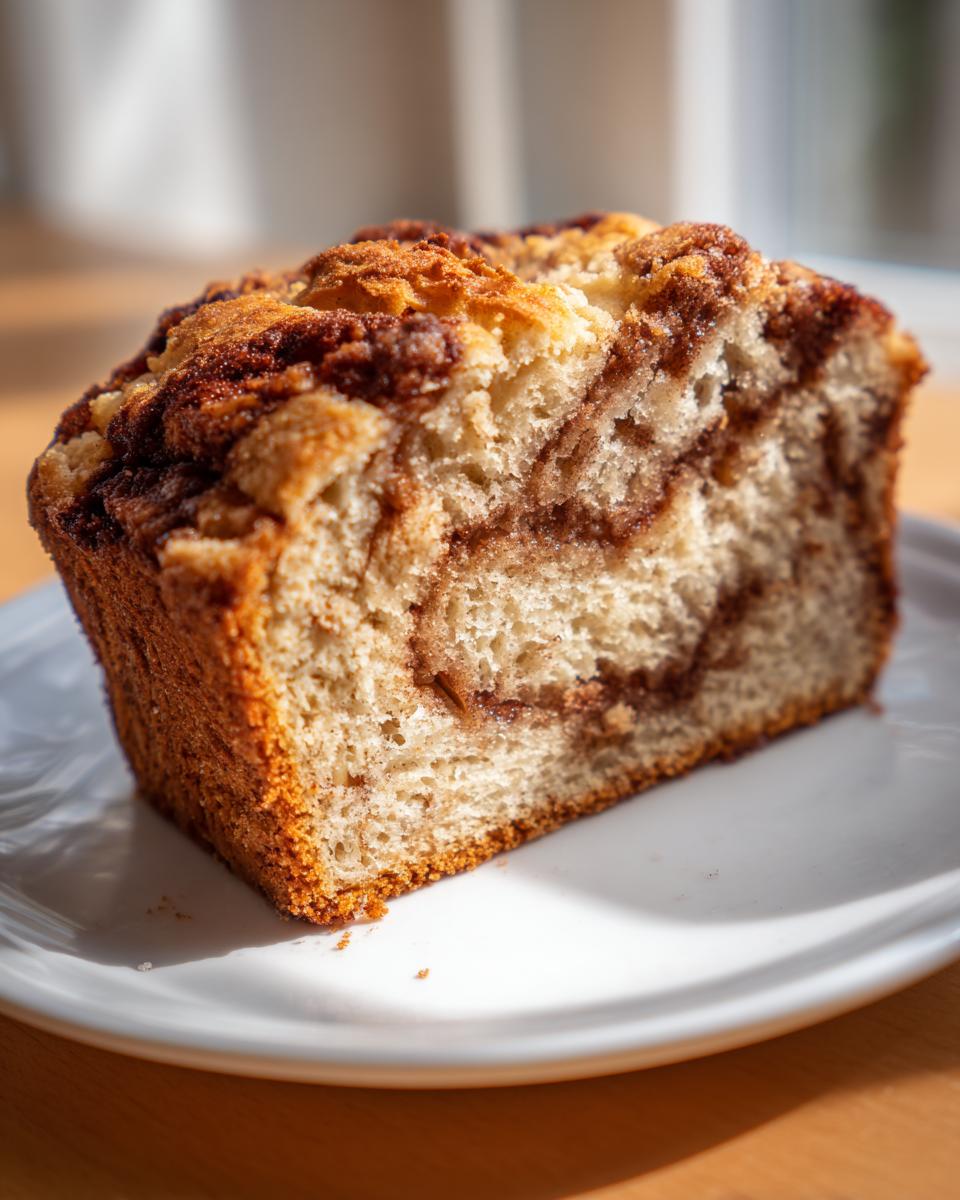 A close-up of a moist slice of apple bread featuring a visible cinnamon swirl and crumb topping, resting on a white plate.