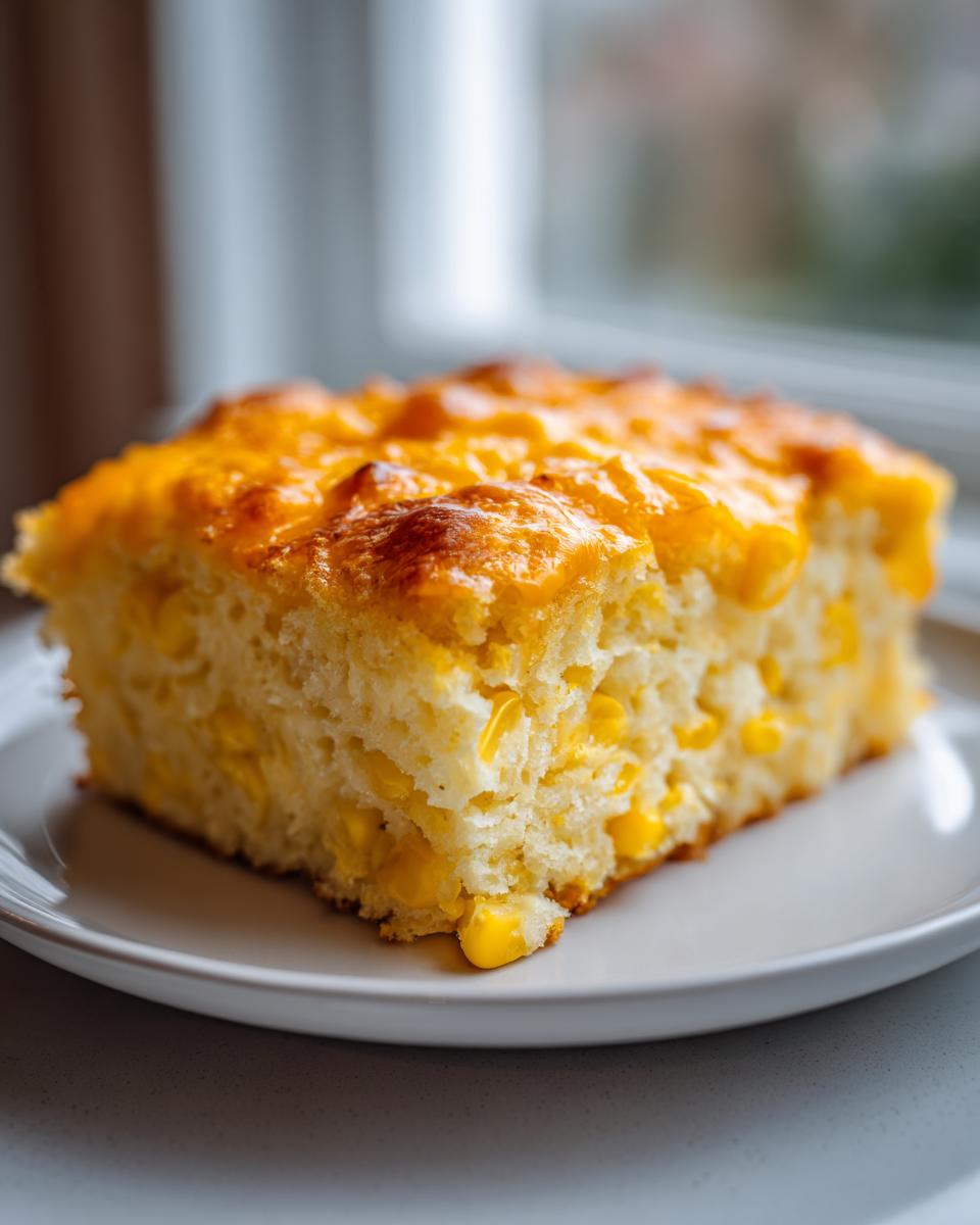 A square slice of moist cornbread casserole studded with bright yellow corn kernels, topped with melted golden cheese.
