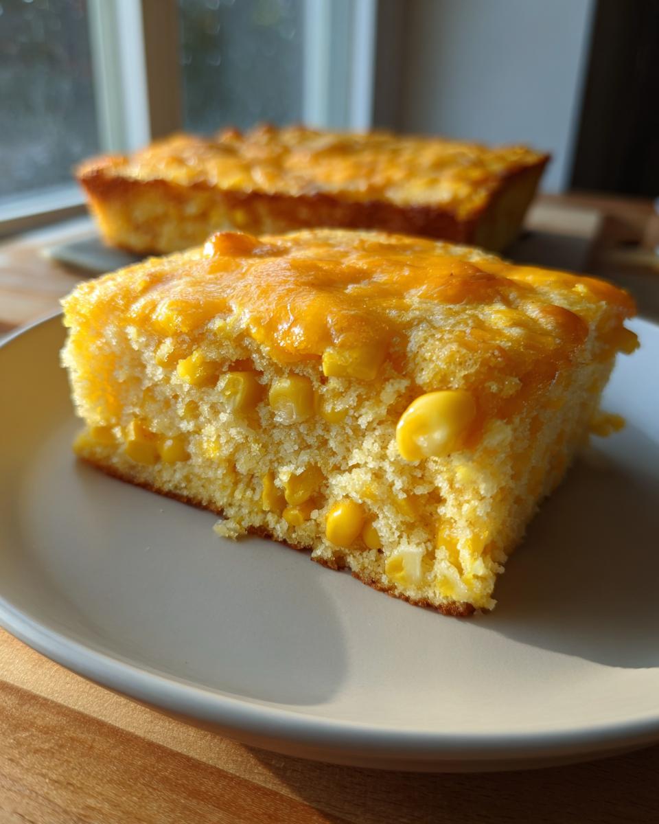 A close-up slice of moist cornbread casserole studded with corn kernels and topped with melted cheddar cheese.