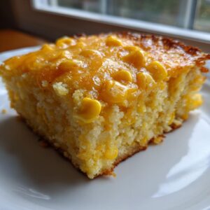 Close-up of a square slice of moist cornbread casserole topped with melted butter and whole corn kernels.
