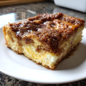 A close-up of a square slice of baked french toast casserole topped with a rich, gooey cinnamon sugar crust.